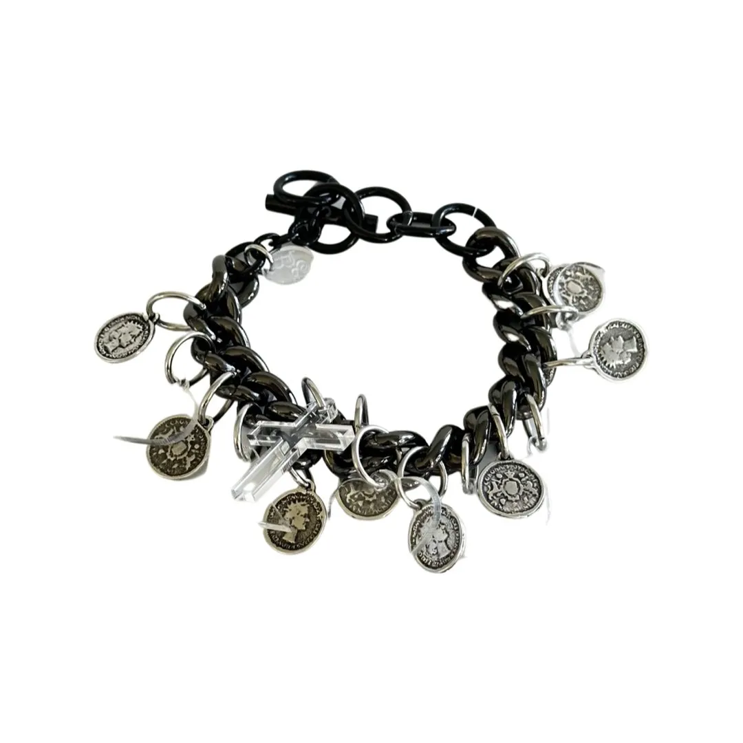 B.E. BLACK CHAIN BRACELET WITH COINS AND ACRYLIC CHARMS