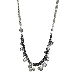 B.E. BLACK CHAIN LONG NECKLACE WITH COINS AND ACRYLIC CHARMS