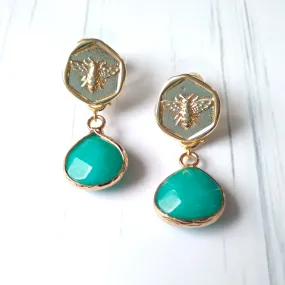 Bee Stud with Teal Jade Stud Earrings