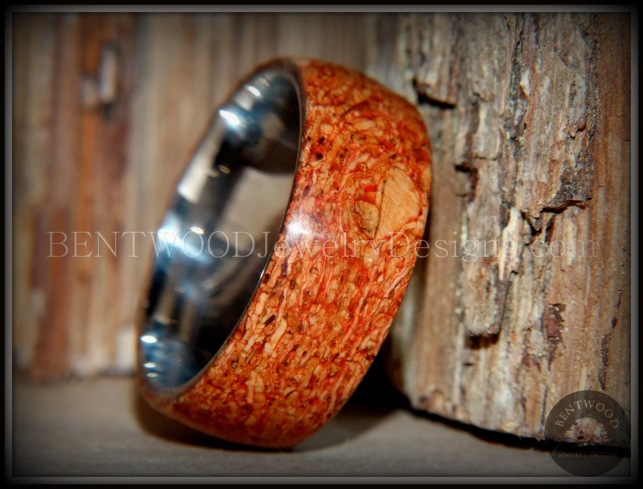 Bentwood Ring - Figured Red Mediterranean Oak Burl Wood Ring with Surgical Grade Stainless Steel Comfort Fit Metal Core