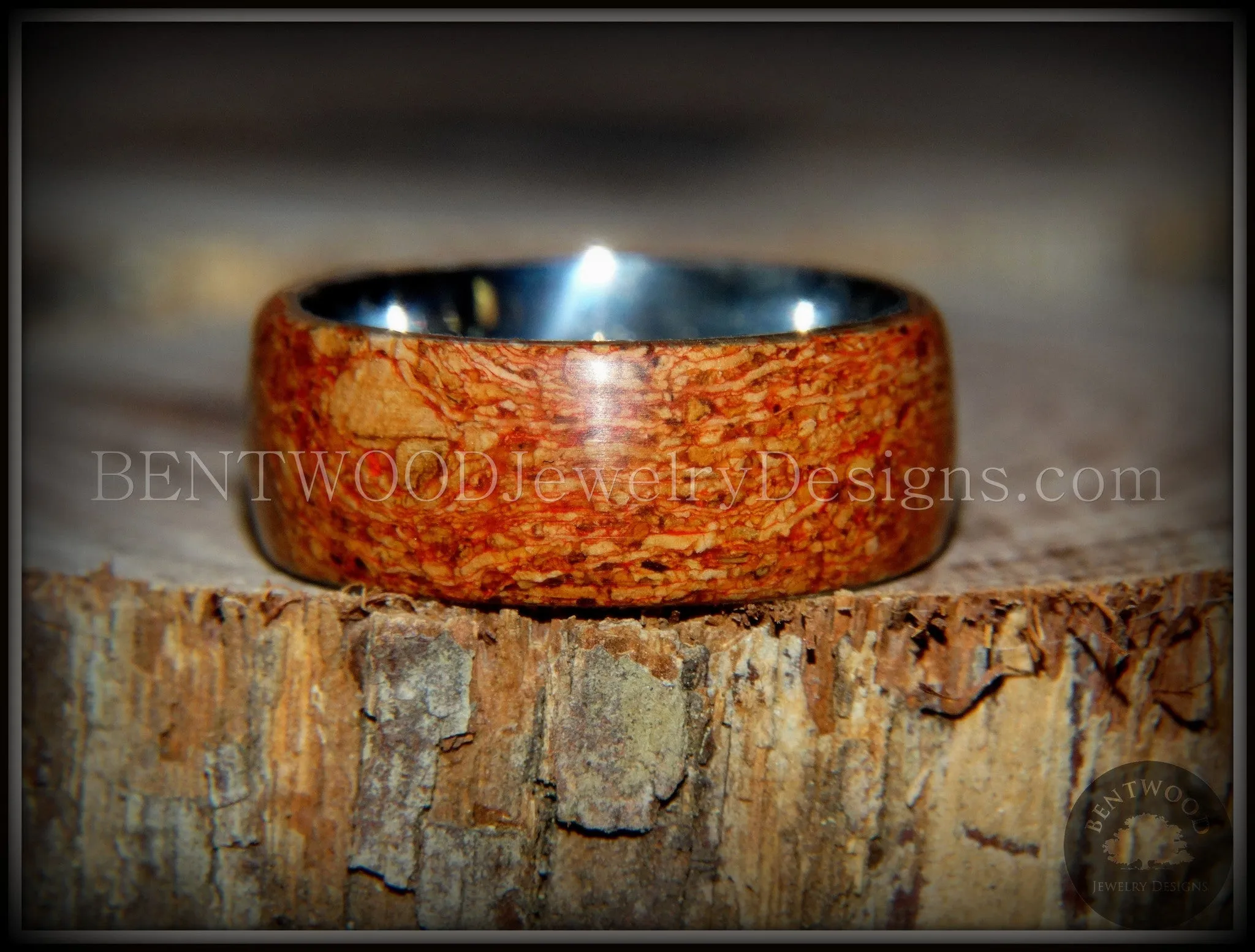 Bentwood Ring - Figured Red Mediterranean Oak Burl Wood Ring with Surgical Grade Stainless Steel Comfort Fit Metal Core