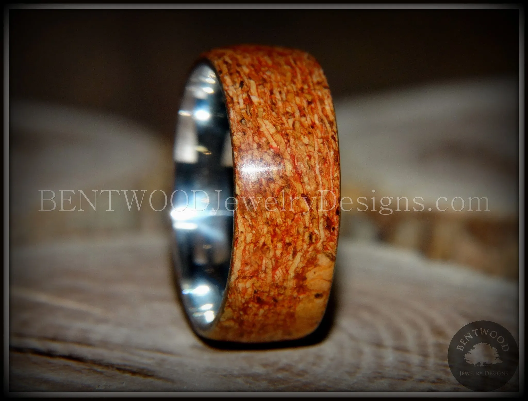 Bentwood Ring - Figured Red Mediterranean Oak Burl Wood Ring with Surgical Grade Stainless Steel Comfort Fit Metal Core