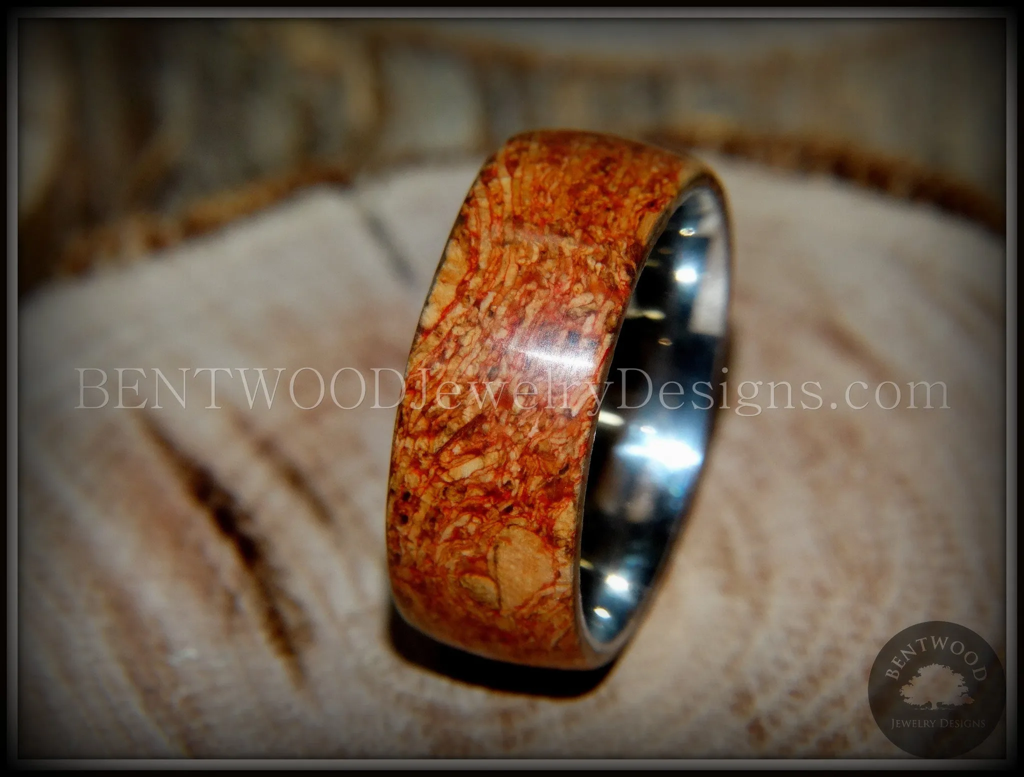 Bentwood Ring - Figured Red Mediterranean Oak Burl Wood Ring with Surgical Grade Stainless Steel Comfort Fit Metal Core