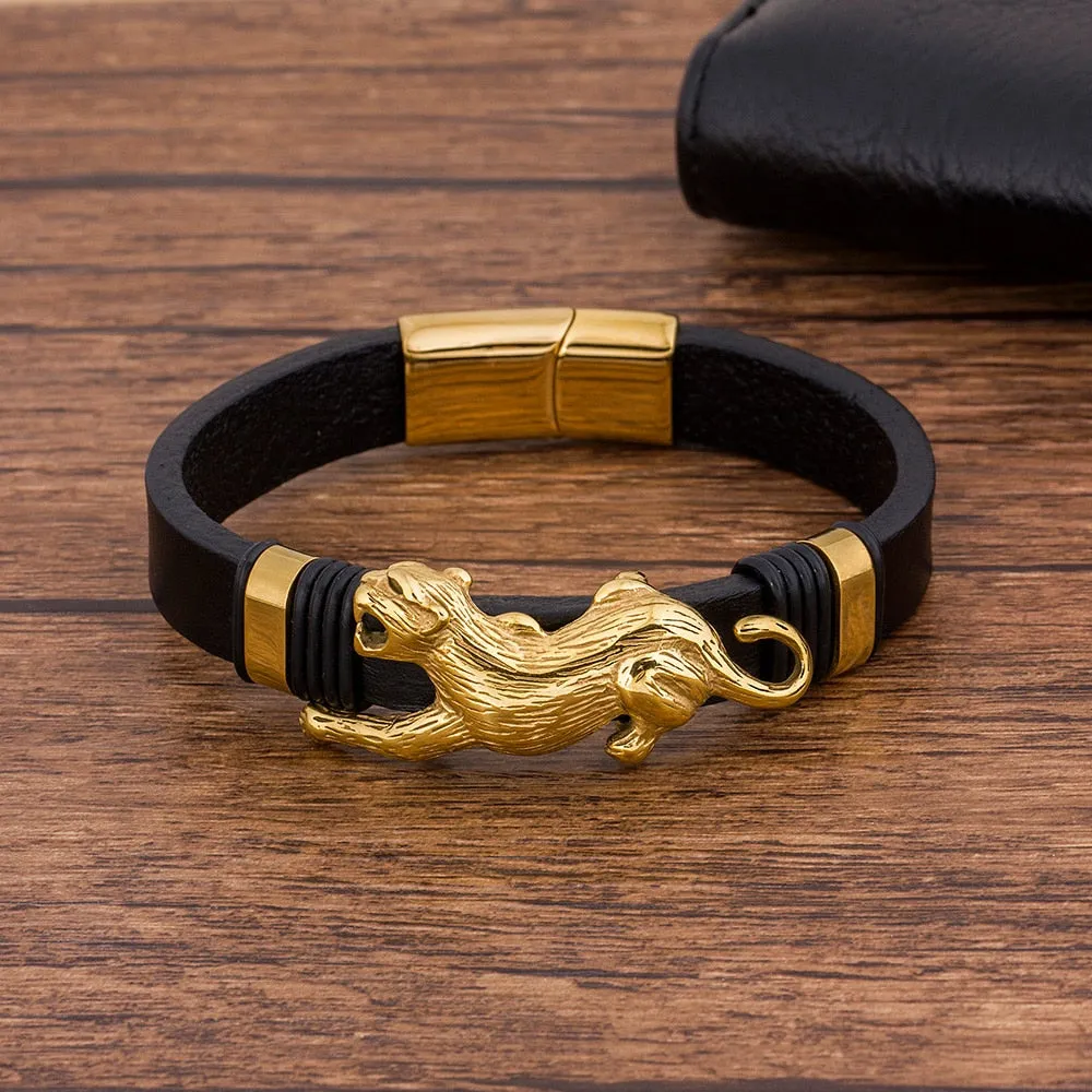 Black Leather 18K Gold Plated Stainless Steel Jaguar Bracelet