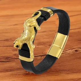 Black Leather 18K Gold Plated Stainless Steel Jaguar Bracelet