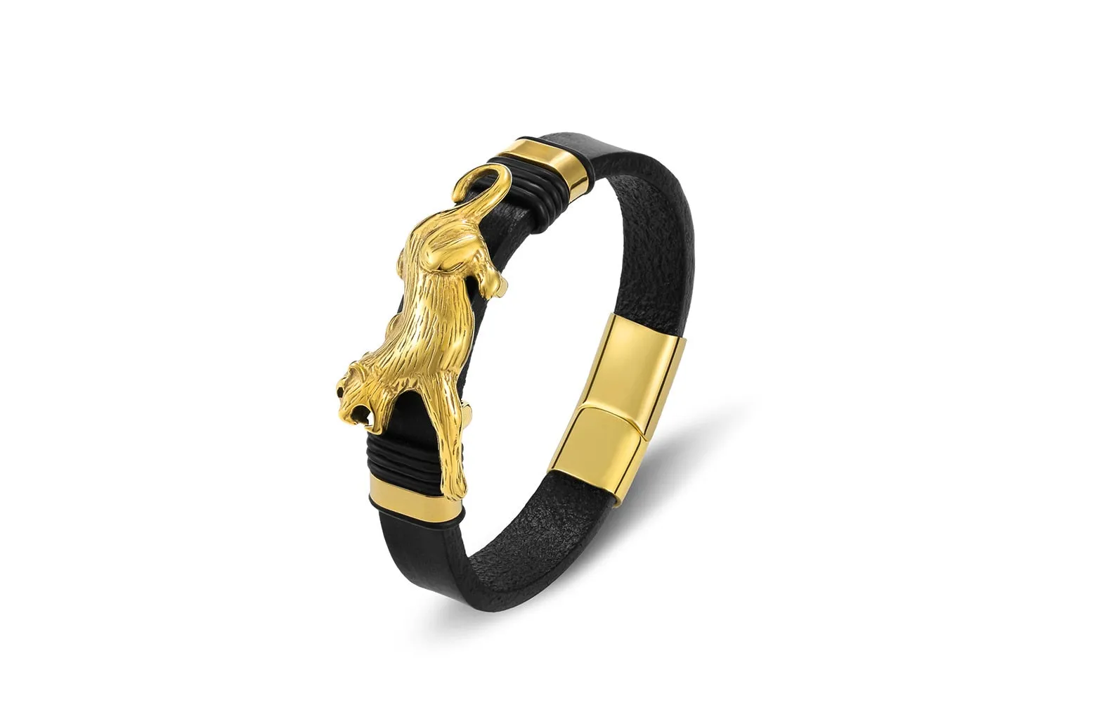 Black Leather 18K Gold Plated Stainless Steel Jaguar Bracelet