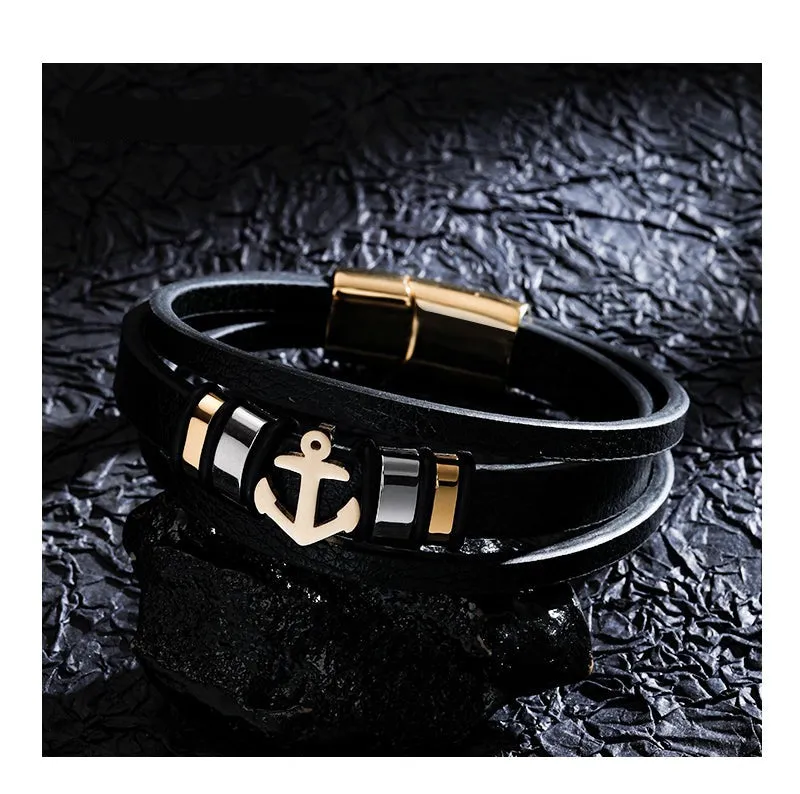 Black Leather Stainless Steel Ankh Anchor Cross Bracelet