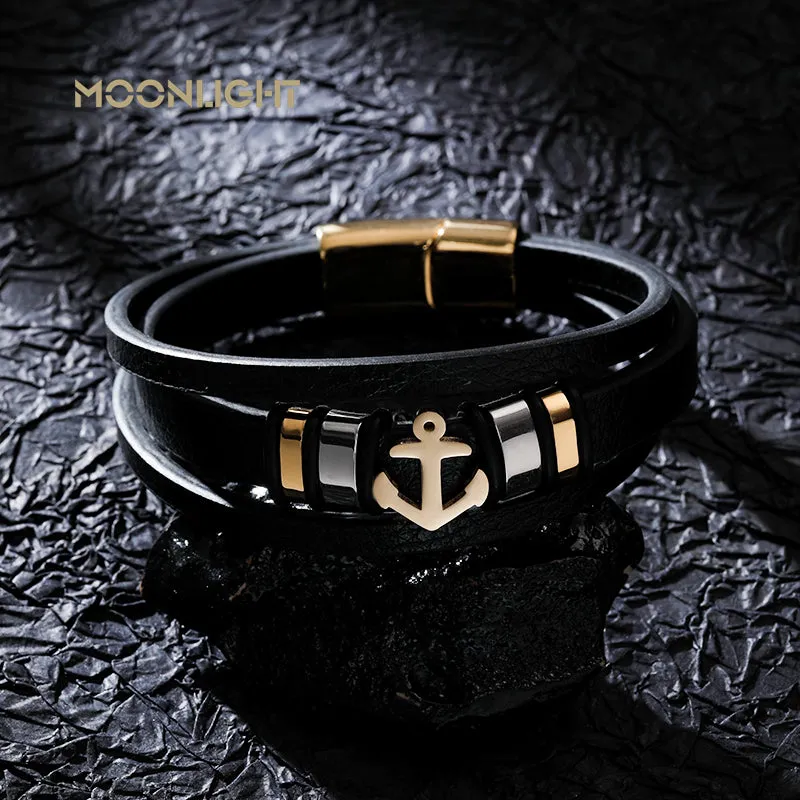 Black Leather Stainless Steel Ankh Anchor Cross Bracelet