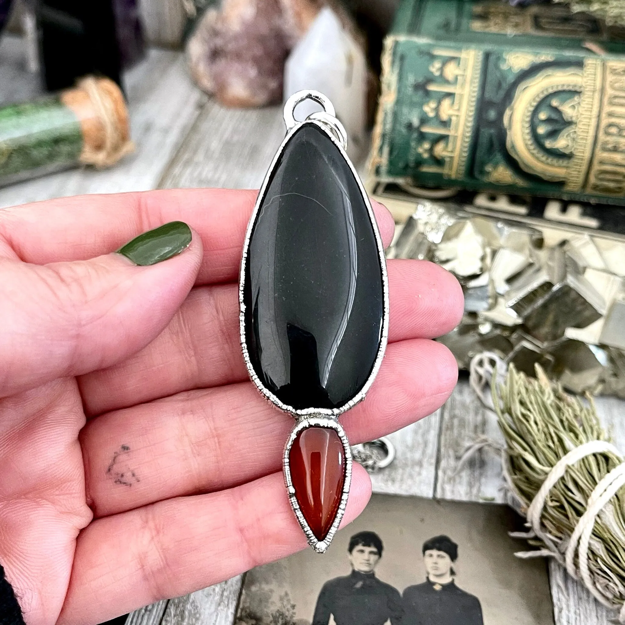 Black Onyx and Red Carnelian Necklace  / Crystal Necklace