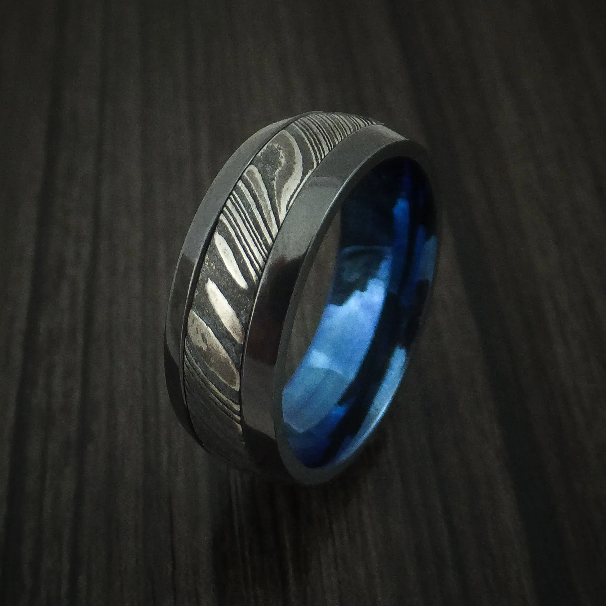 Black Titanium and Kuro Damascus Steel Band with Anodized Interior Custom Made Men's Ring