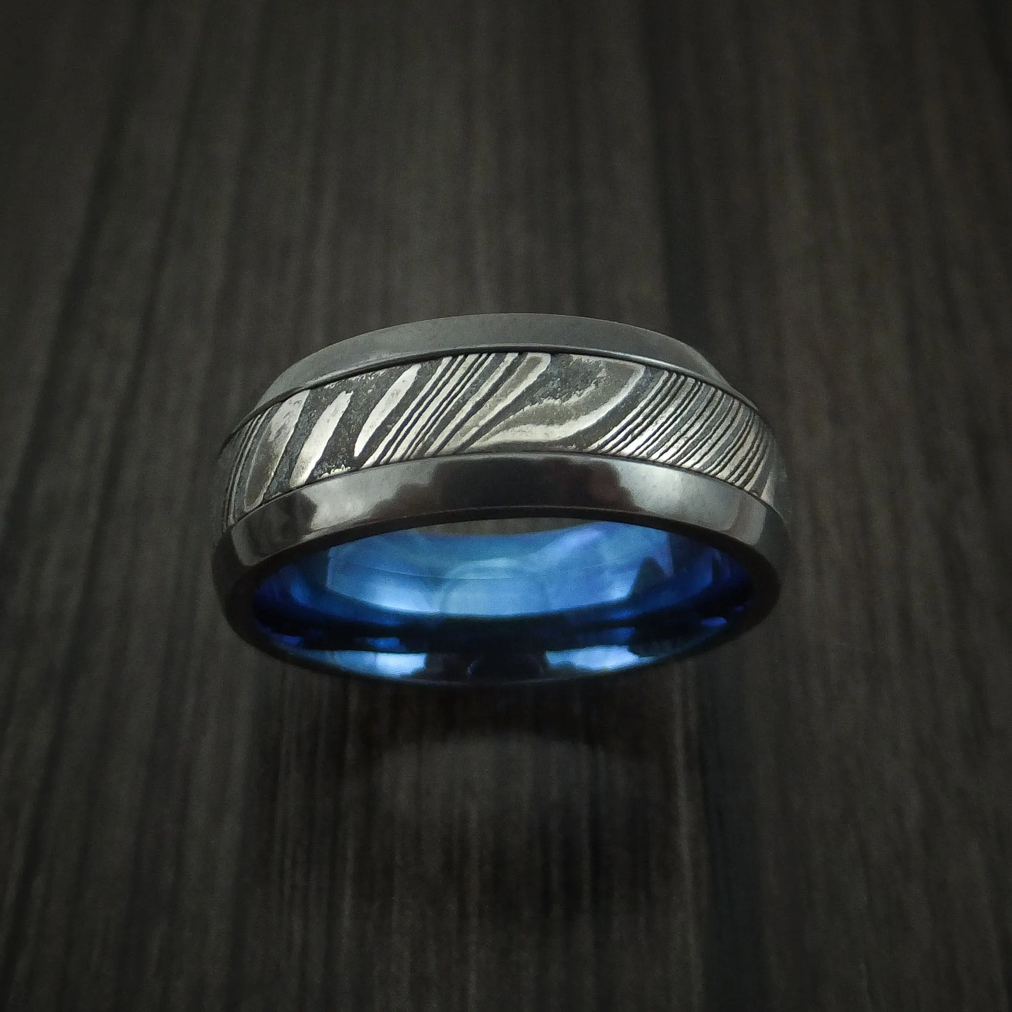 Black Titanium and Kuro Damascus Steel Band with Anodized Interior Custom Made Men's Ring