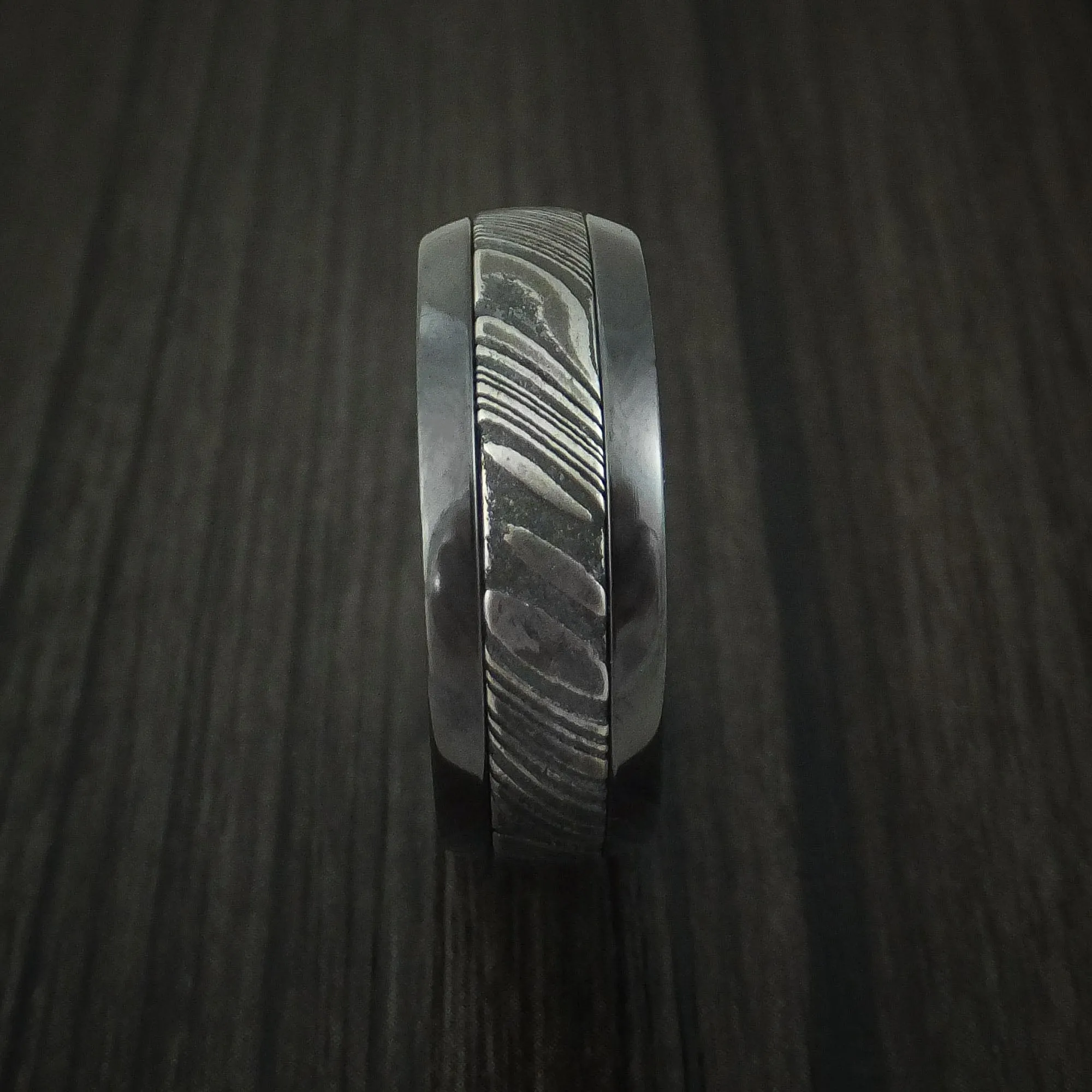 Black Titanium and Kuro Damascus Steel Band with Anodized Interior Custom Made Men's Ring