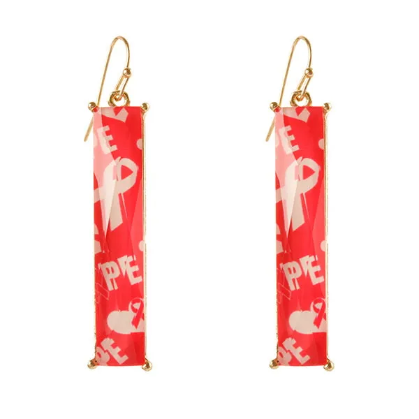 Breast Cancer Pink Ribbon Theme Rectangle Dangle Earrings