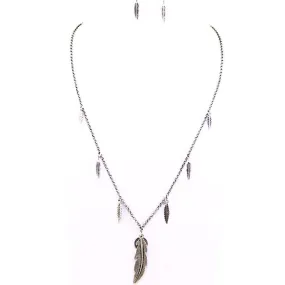 Burnished Silver Feather and Peace Sign Pendant Necklace