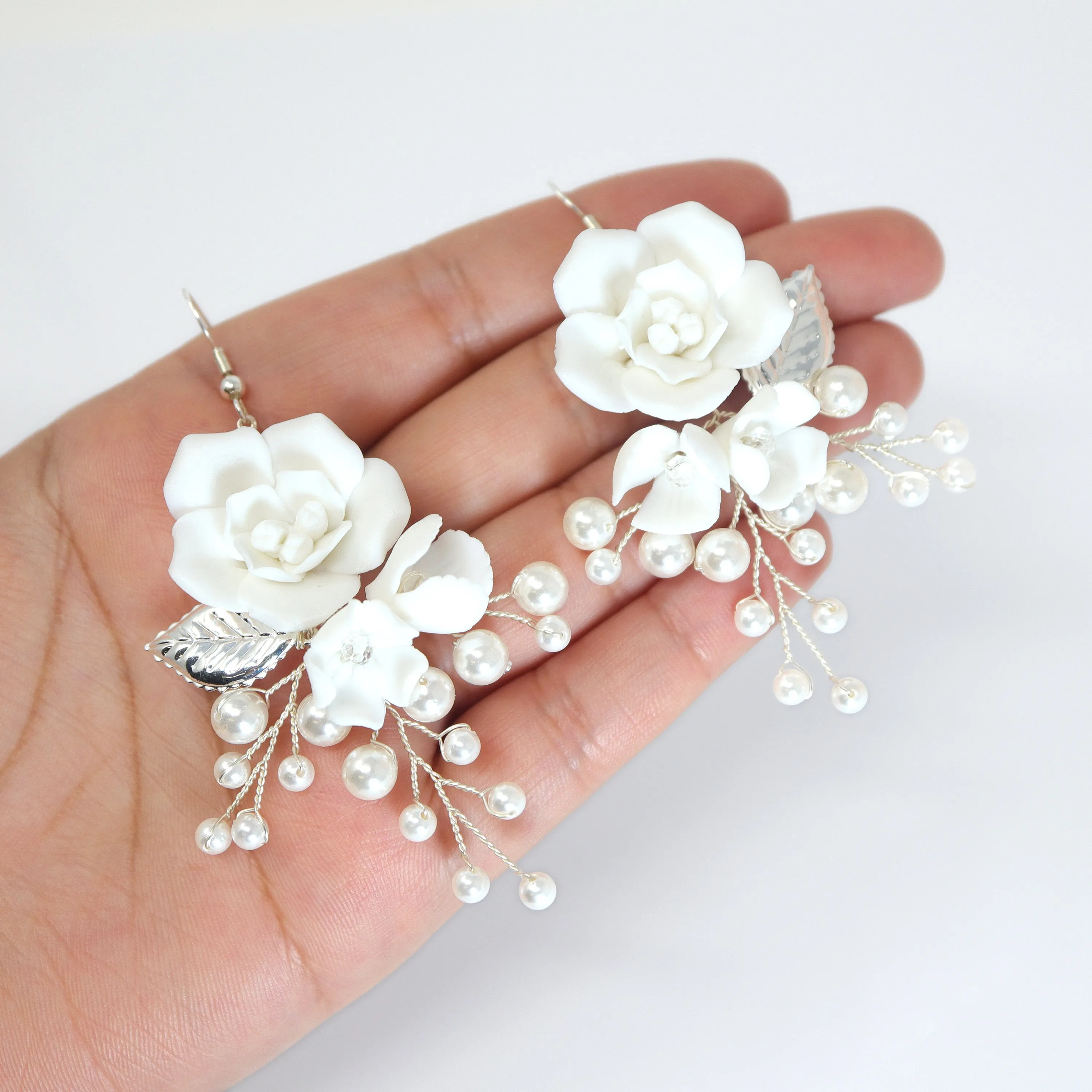 Ceramic White Rose floral Pearl Vine Bridal Earring, Bridal Earrings, Dangle earring, Natural Cultured Pearl Earring