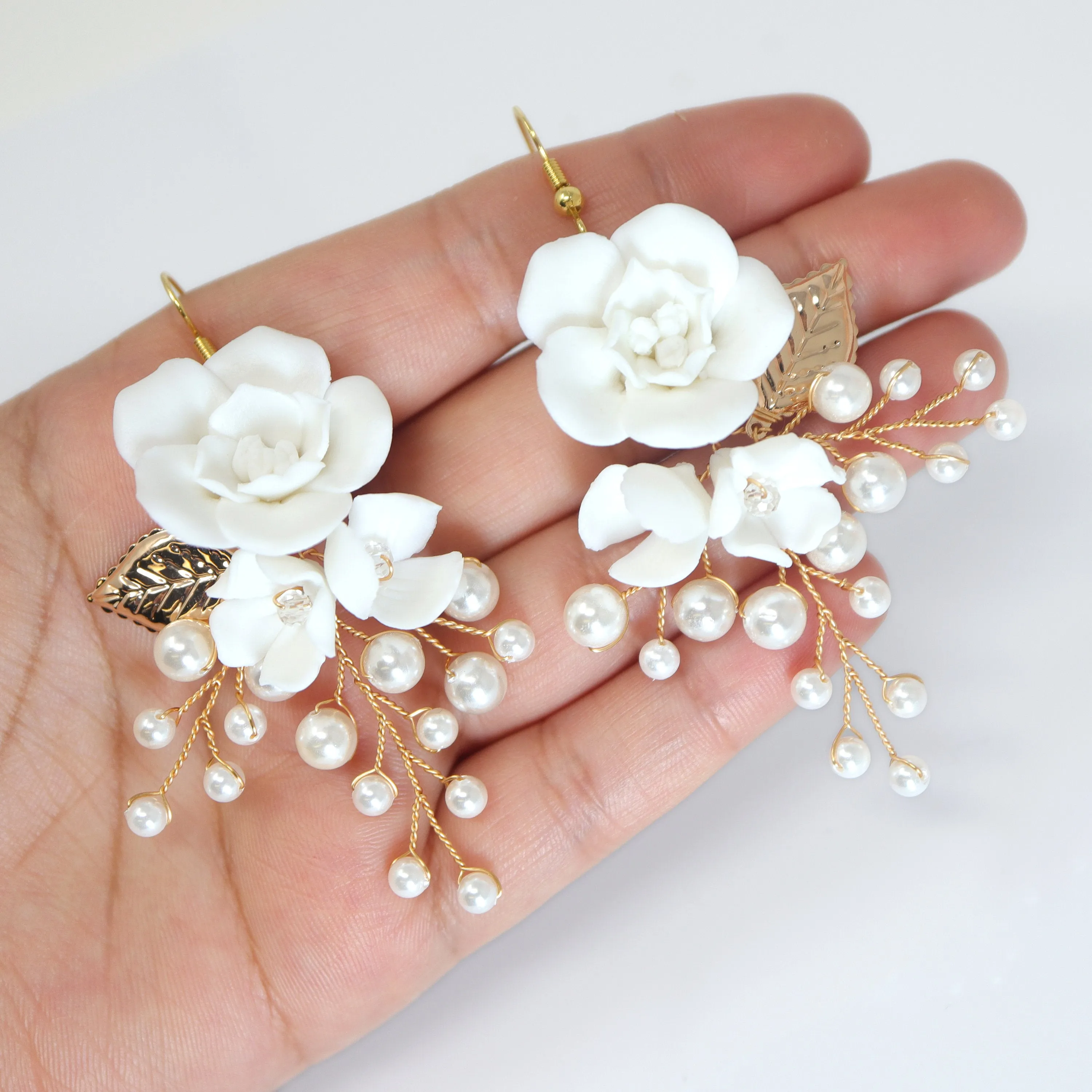 Ceramic White Rose floral Pearl Vine Bridal Earring, Bridal Earrings, Dangle earring, Natural Cultured Pearl Earring