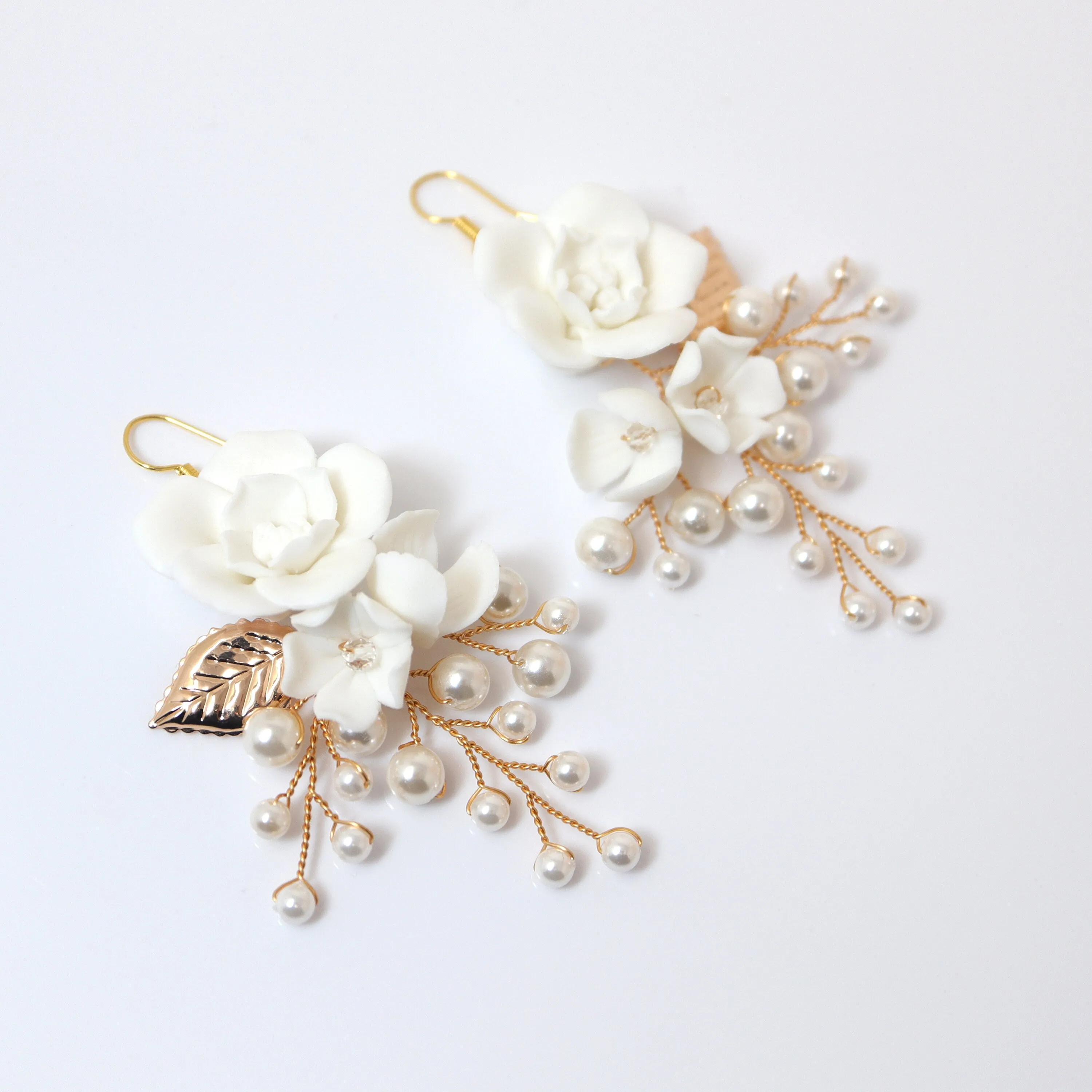 Ceramic White Rose floral Pearl Vine Bridal Earring, Bridal Earrings, Dangle earring, Natural Cultured Pearl Earring