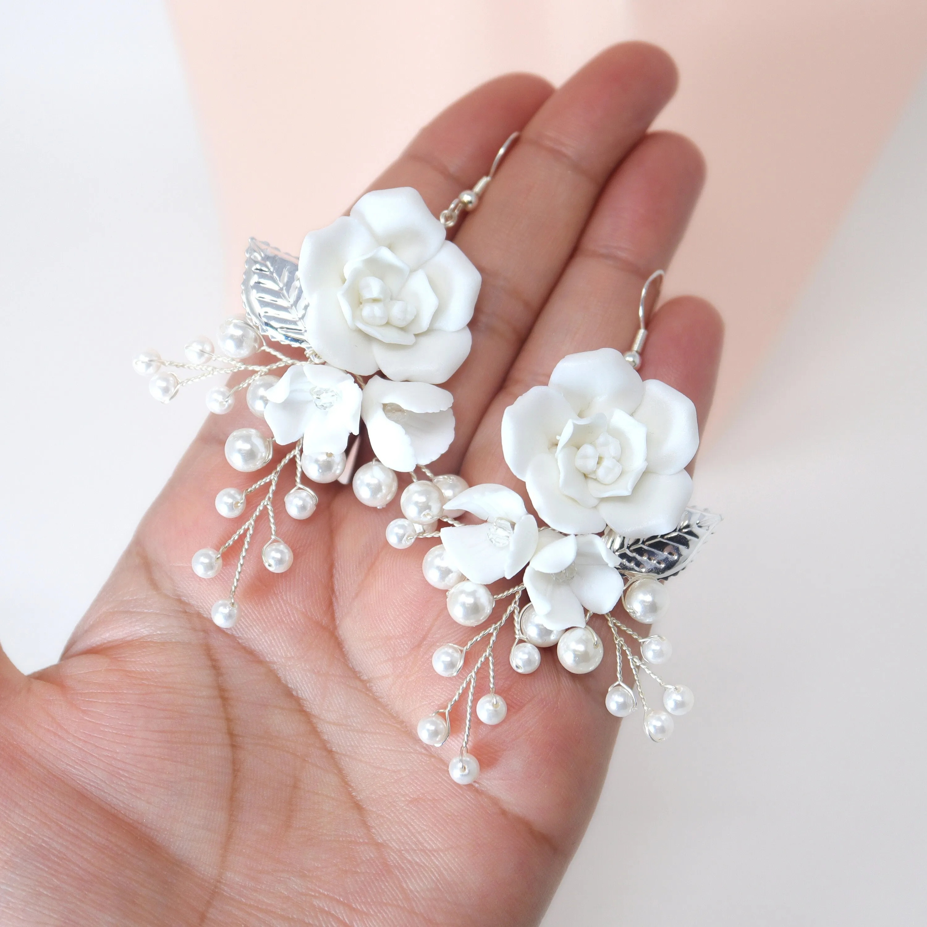 Ceramic White Rose floral Pearl Vine Bridal Earring, Bridal Earrings, Dangle earring, Natural Cultured Pearl Earring