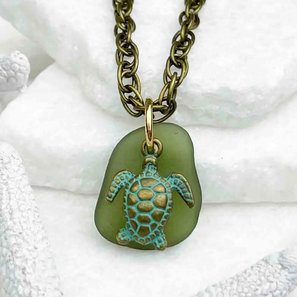 Champagne Green Sea Glass Pendant with Bronze Turtle Charm | #5127