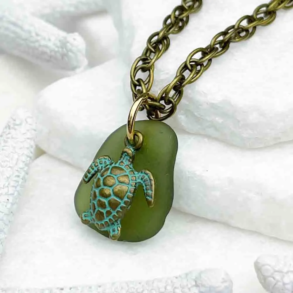 Champagne Green Sea Glass Pendant with Bronze Turtle Charm | #5127