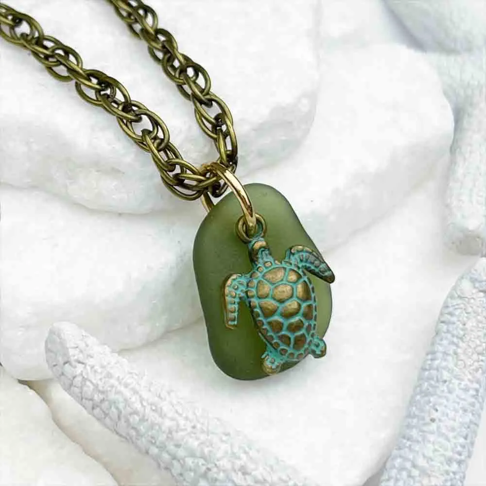 Champagne Green Sea Glass Pendant with Bronze Turtle Charm | #5127