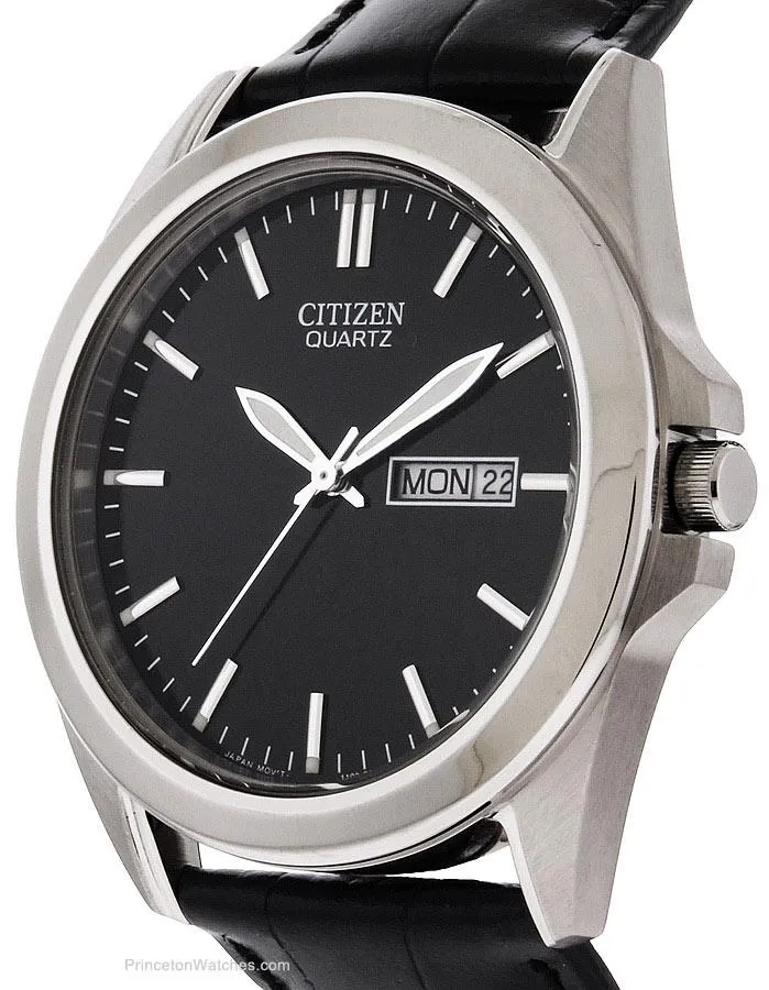 Optimized Title: Black Dial Citizen Quartz Mens Leather Strap Watch with Steel Case - Day/Date Function