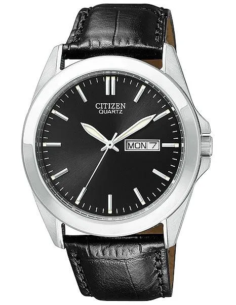 Optimized Title: Black Dial Citizen Quartz Mens Leather Strap Watch with Steel Case - Day/Date Function