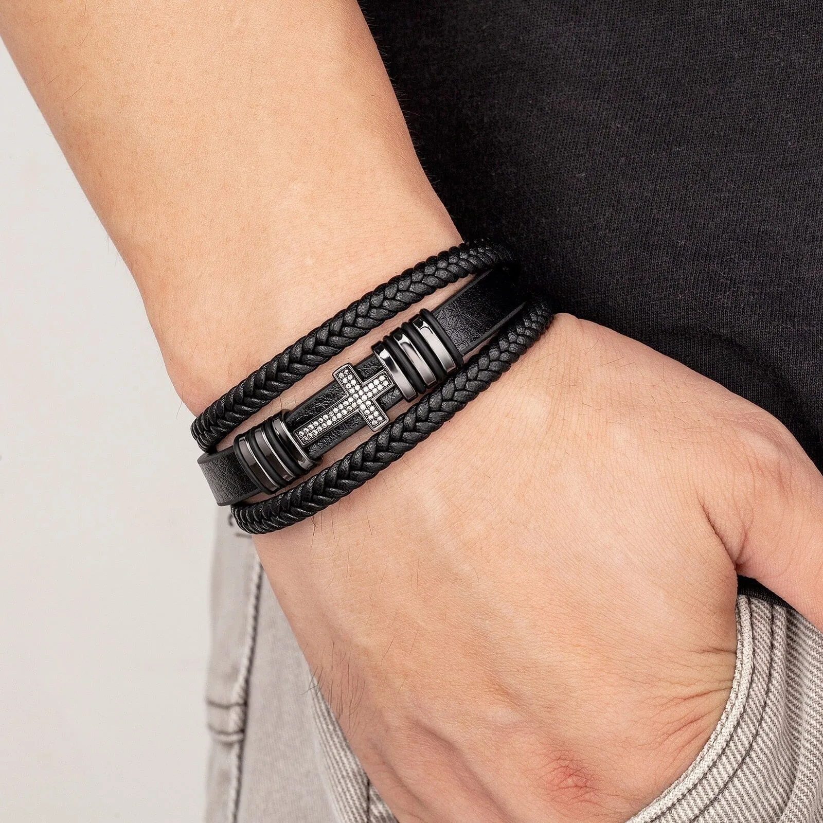 Classic WWJD Cross Charm Black Woven Leather Rope Chain Bracelet