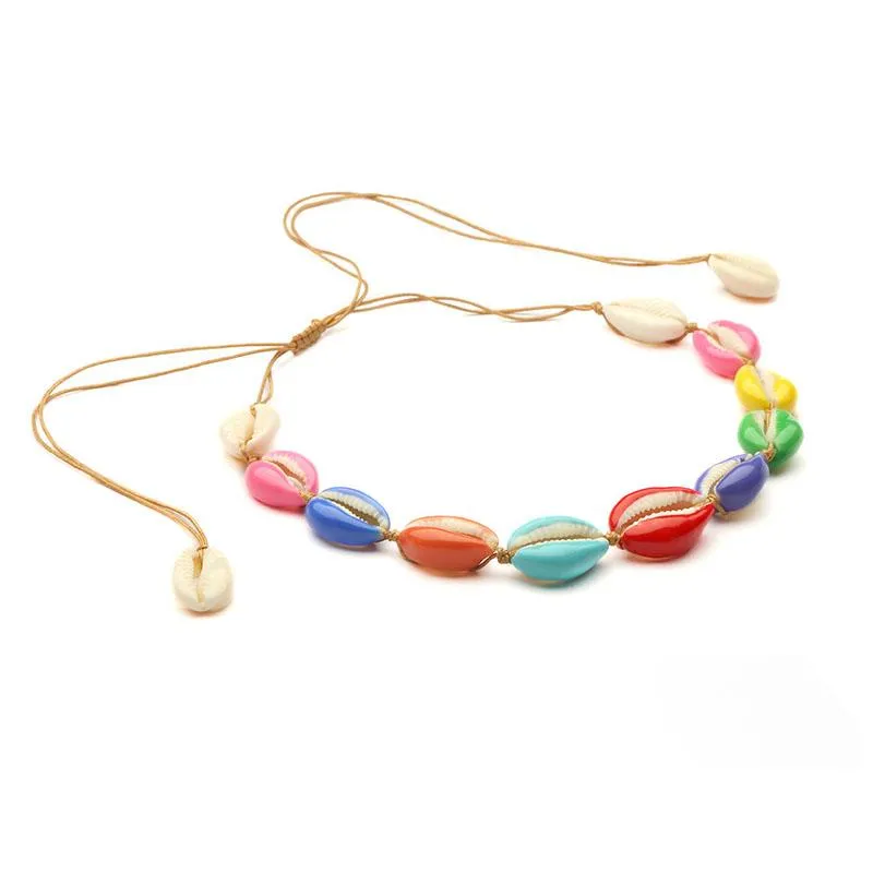 Colorful Puka Shell Adjustable Rope Choker Necklace