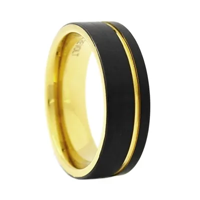 Comfort Fit 8mm Black Tungsten Carbide Wedding Band with Gold Color PVD Plated Interior and Off-Center Groove