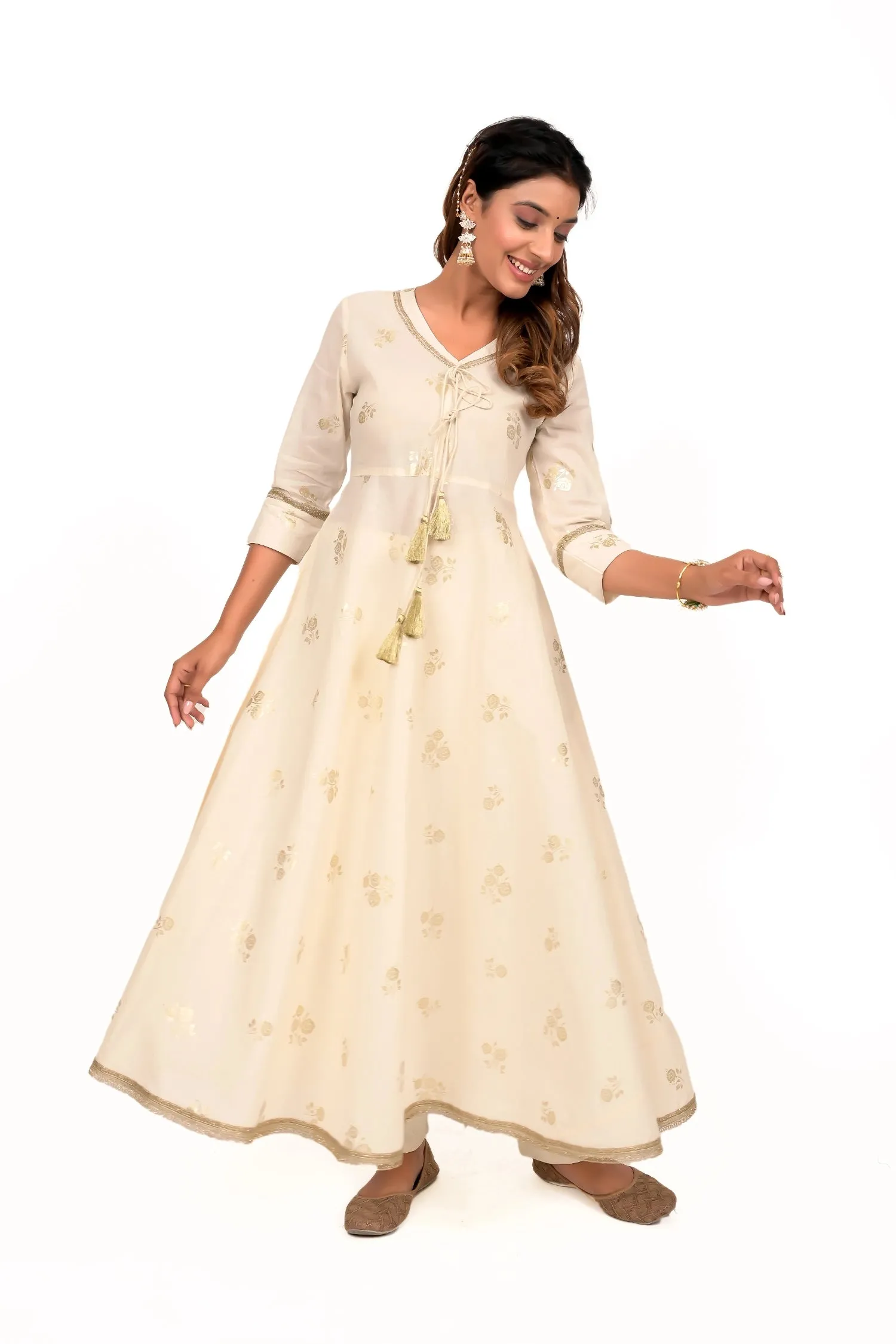 Cream Foil Print Anarkali Cotton Kurta