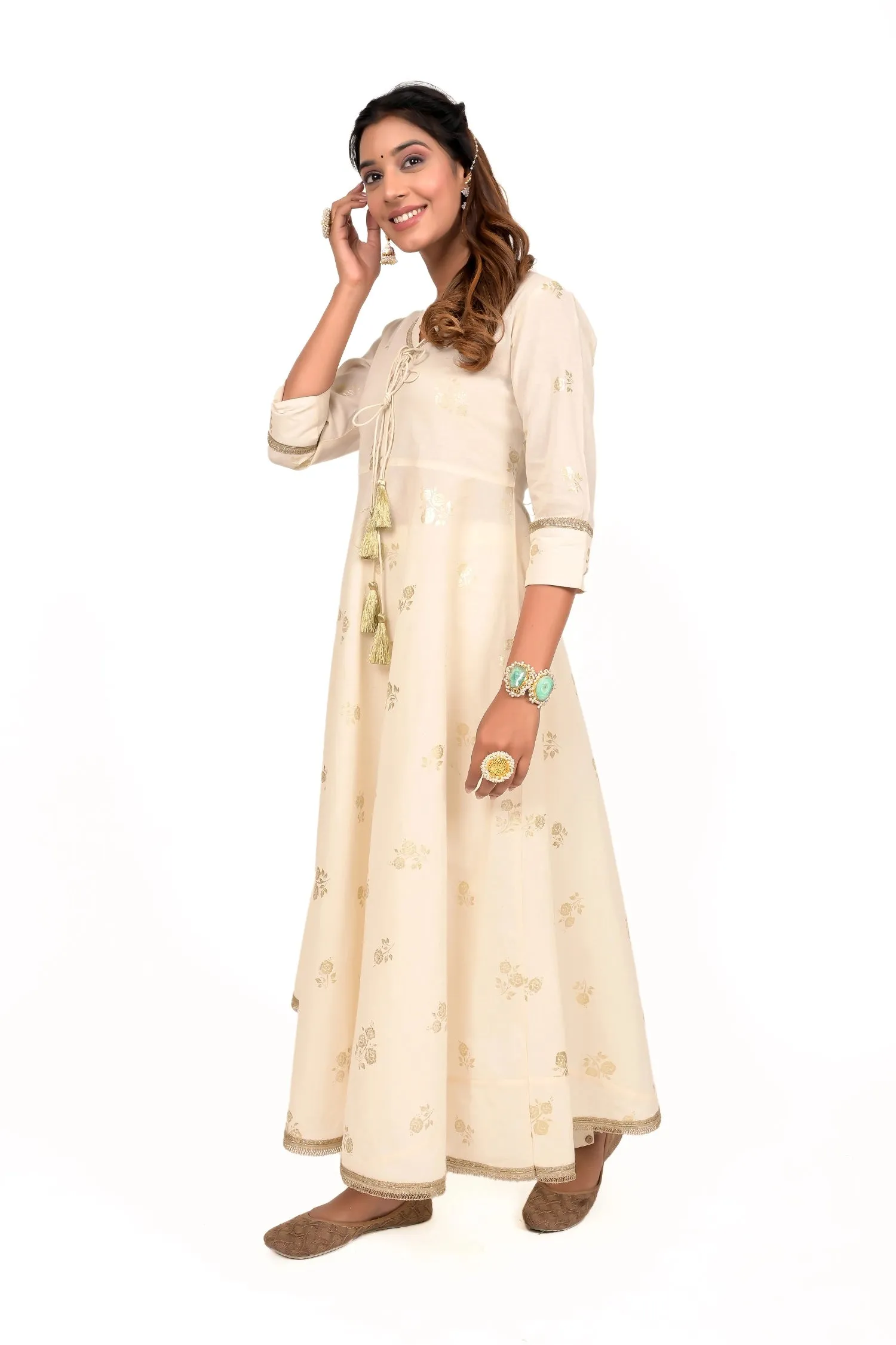 Cream Foil Print Anarkali Cotton Kurta