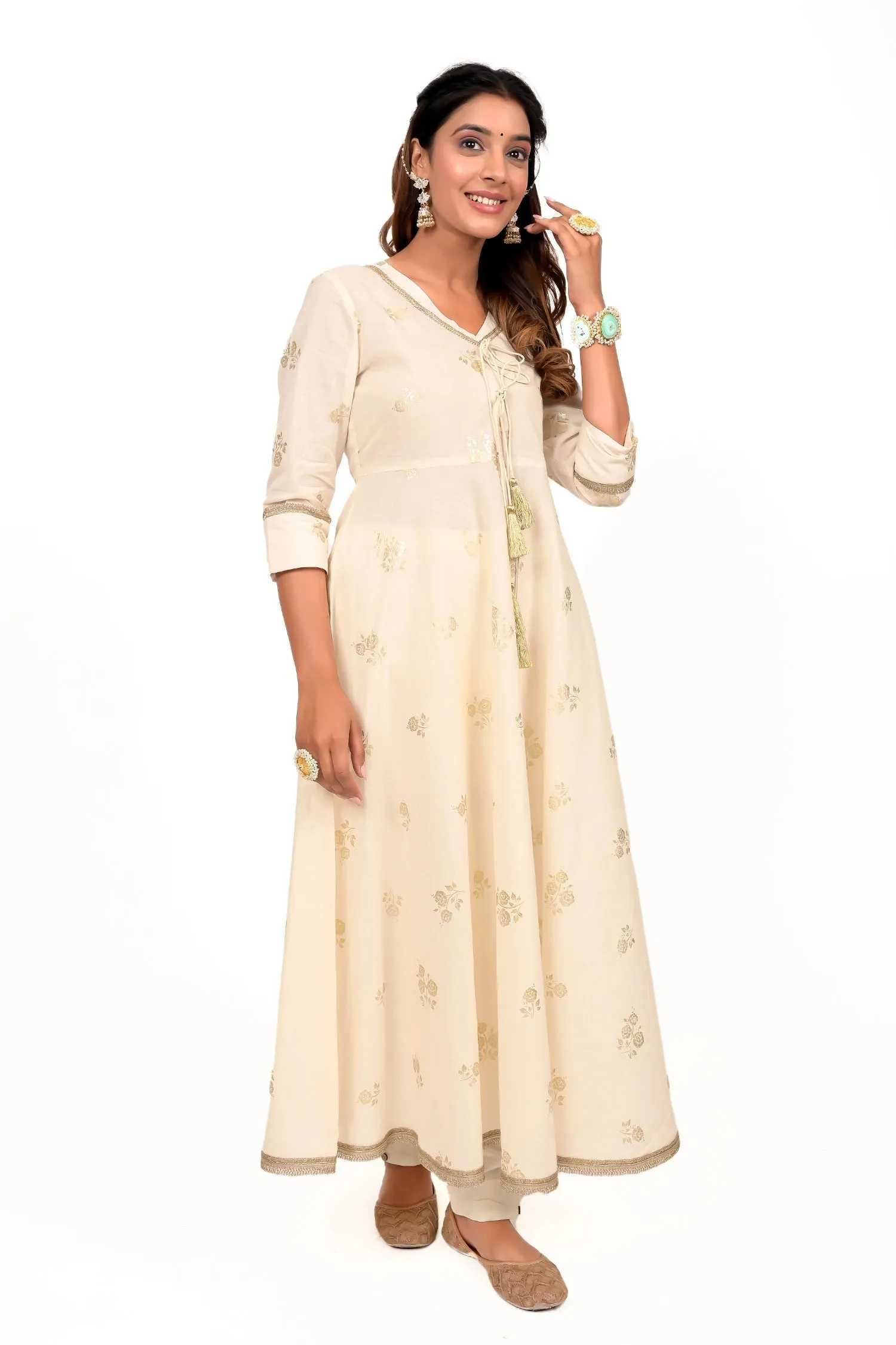 Cream Foil Print Anarkali Cotton Kurta