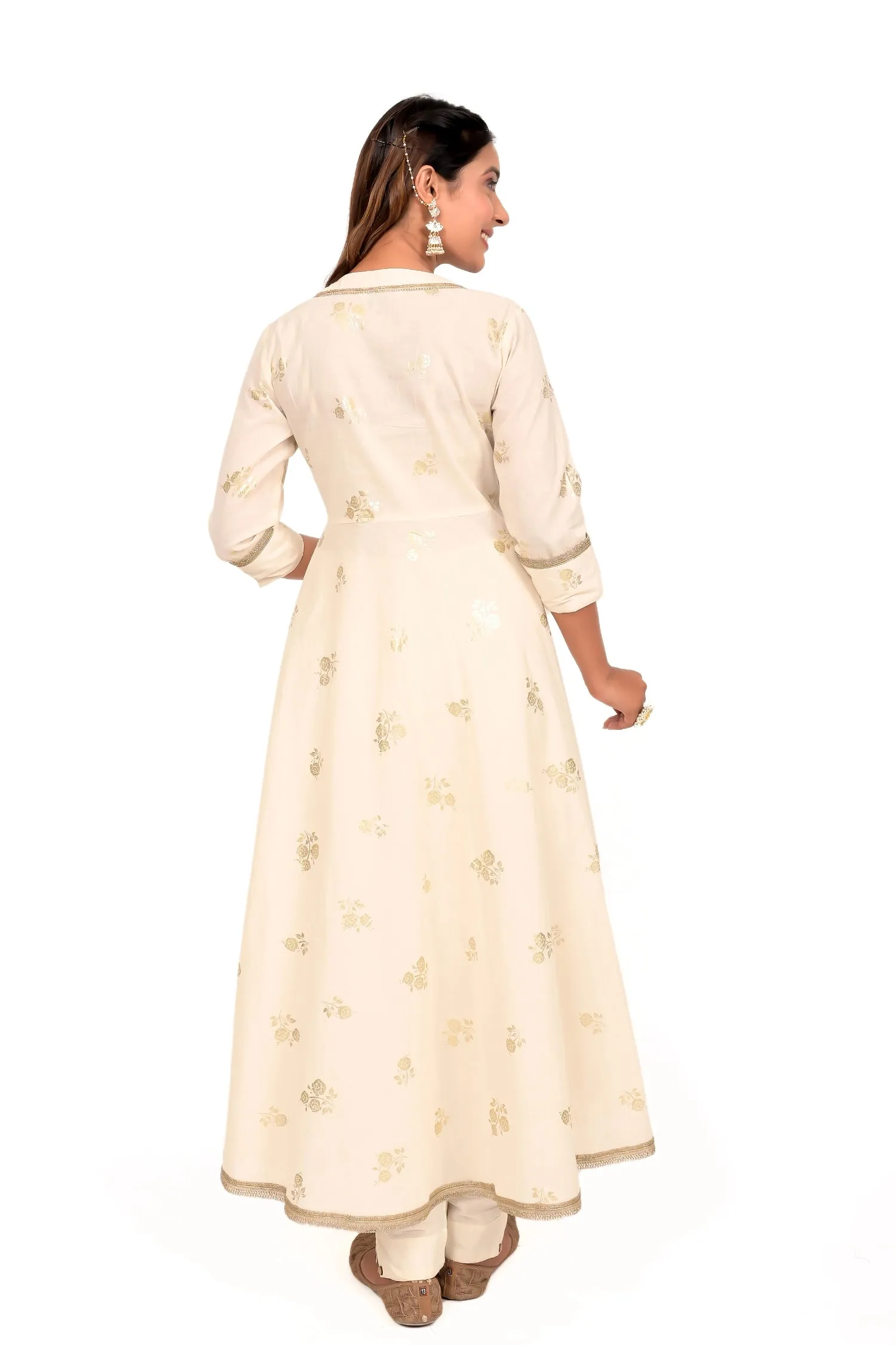 Cream Foil Print Anarkali Cotton Kurta