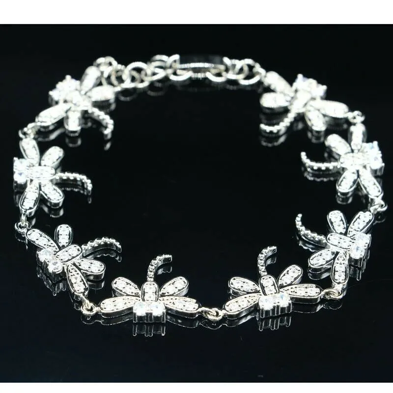 Created White Sapphire Sterling Silver Dragonfly Tennis Bracelet