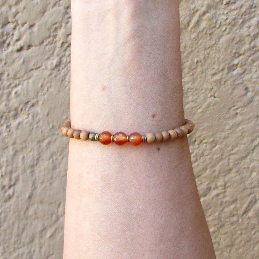 Creativity, Second Chakra, Sandalwood and Genuine Carnelian Gemstone Mala Bracelet