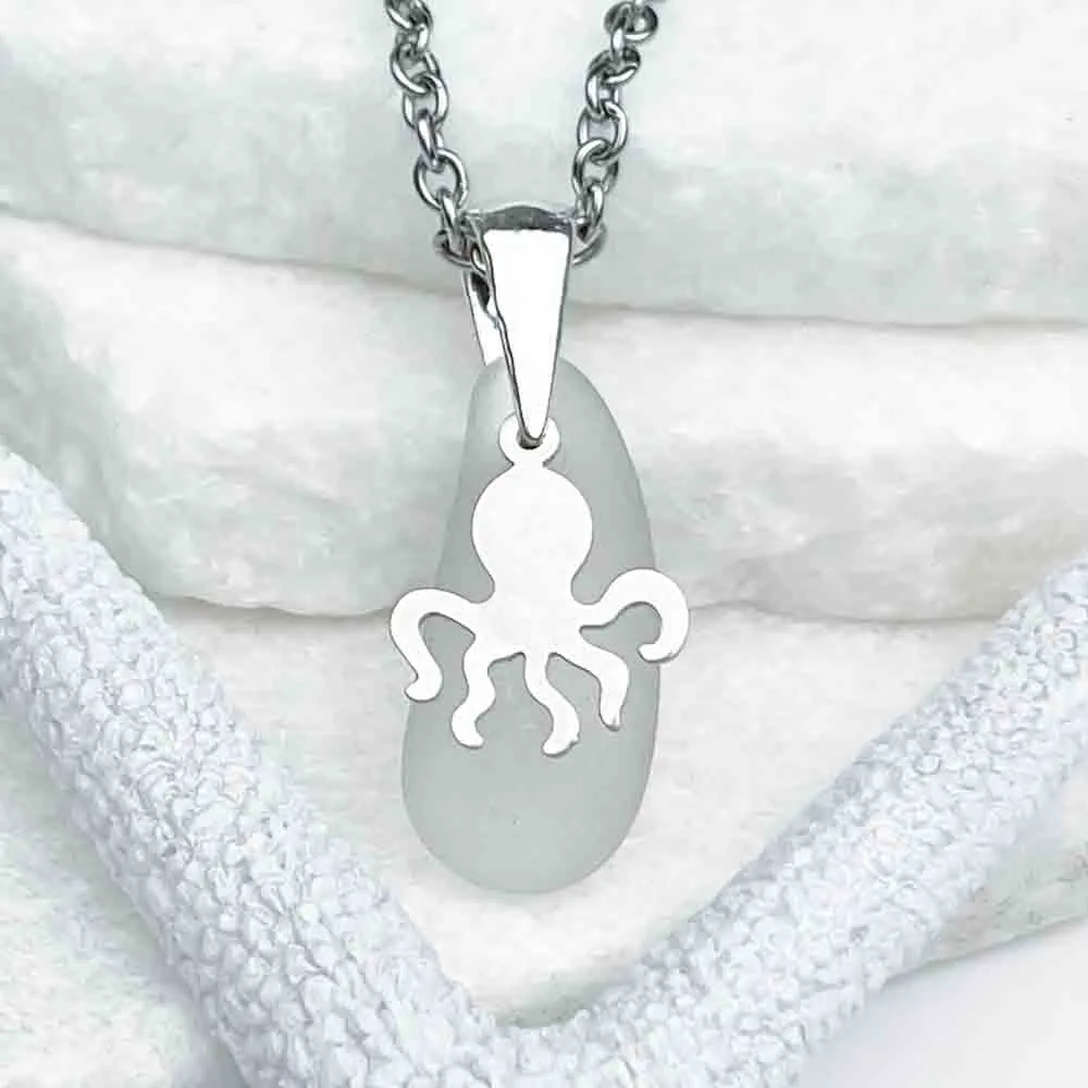 Crystal Clear Sea Glass Pendant with Sterling Silver Octopus Charm | 5218