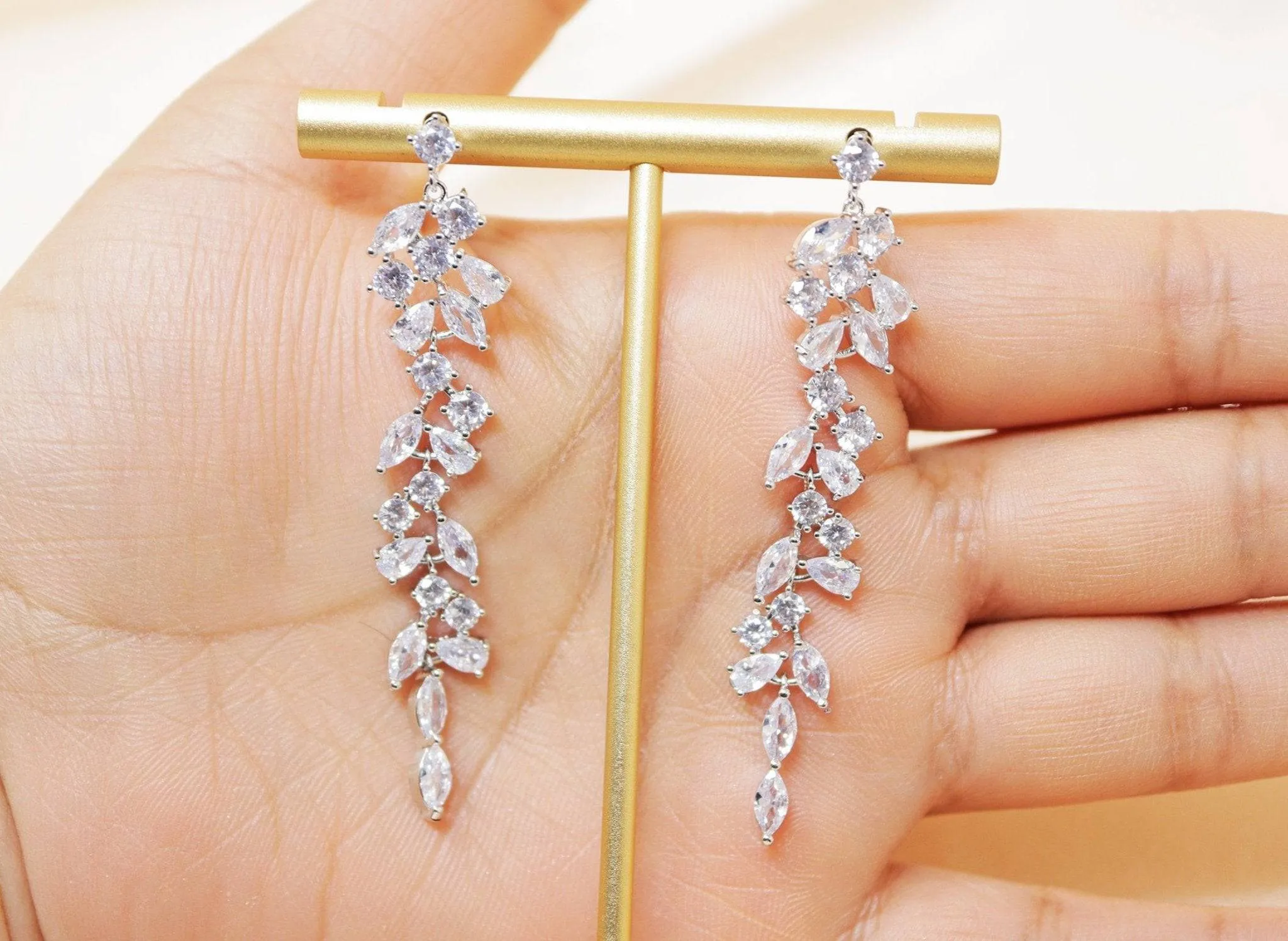 Cubic Zirconia Leaves Crystal/Diamond Earrings, Long Bridal Jewelry, Bridal Earrings, Crystal Bridal Earrings, Statement Earrings Cz