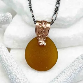 Deep Amber Sea Glass Pendant with Copper Vine Bail | #5124