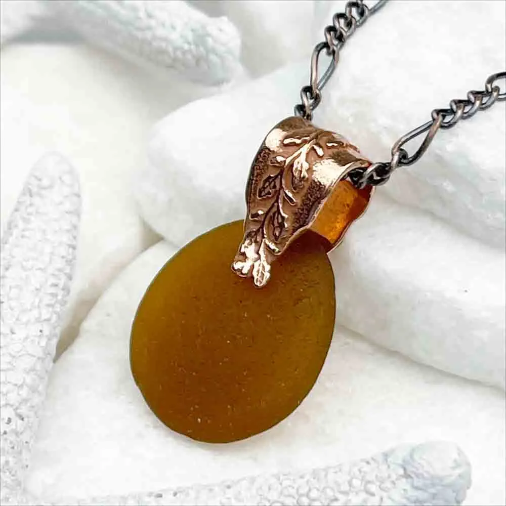 Deep Amber Sea Glass Pendant with Copper Vine Bail | #5124