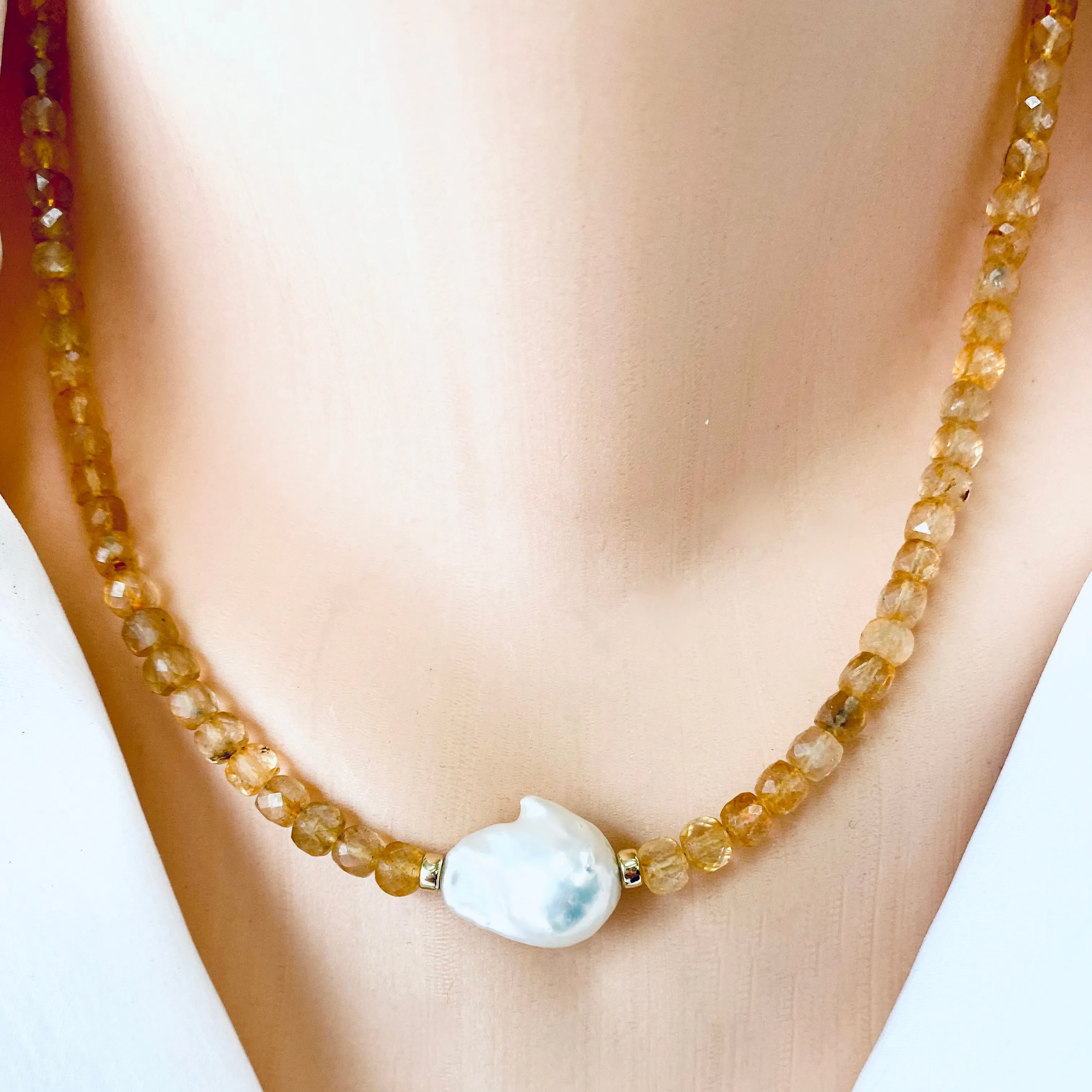 Deep Yellow Citrine Choker Necklace with White Baroque Pearl, 16 inches, November Birthstone