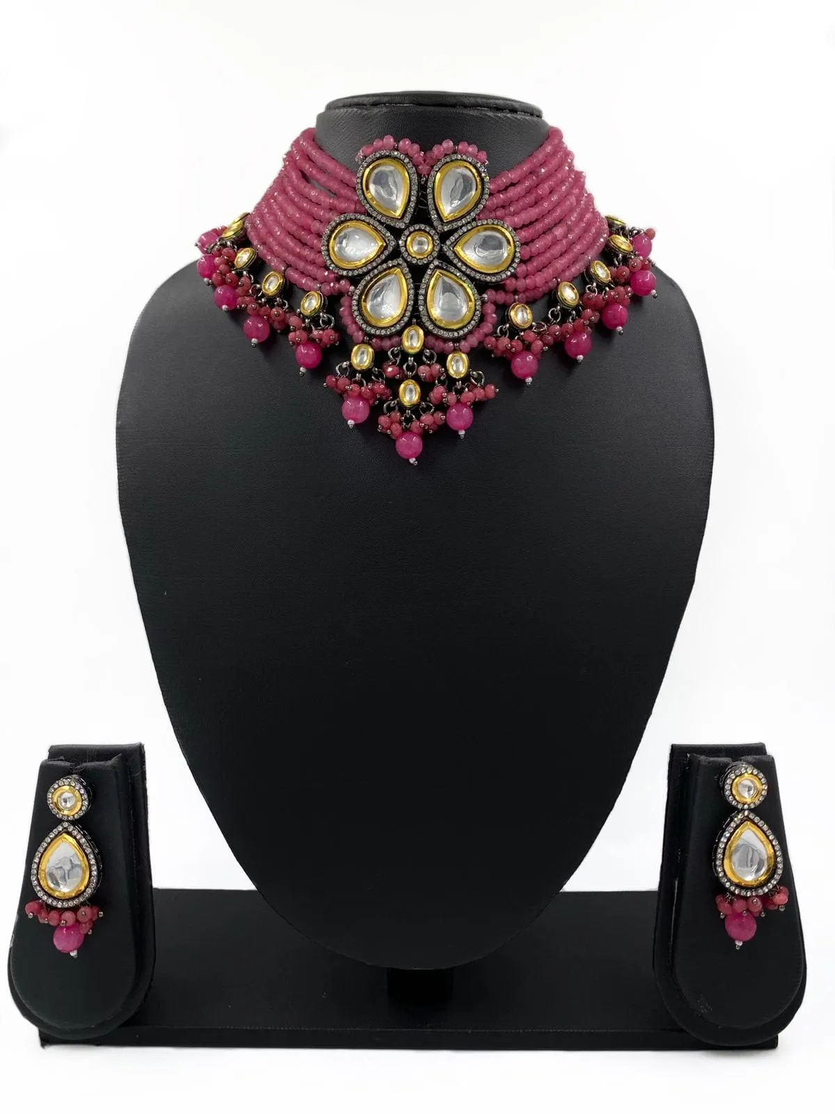 Designer Handcrafted Victorian Kundan Pink Choker Necklace Set By Gehna Shop