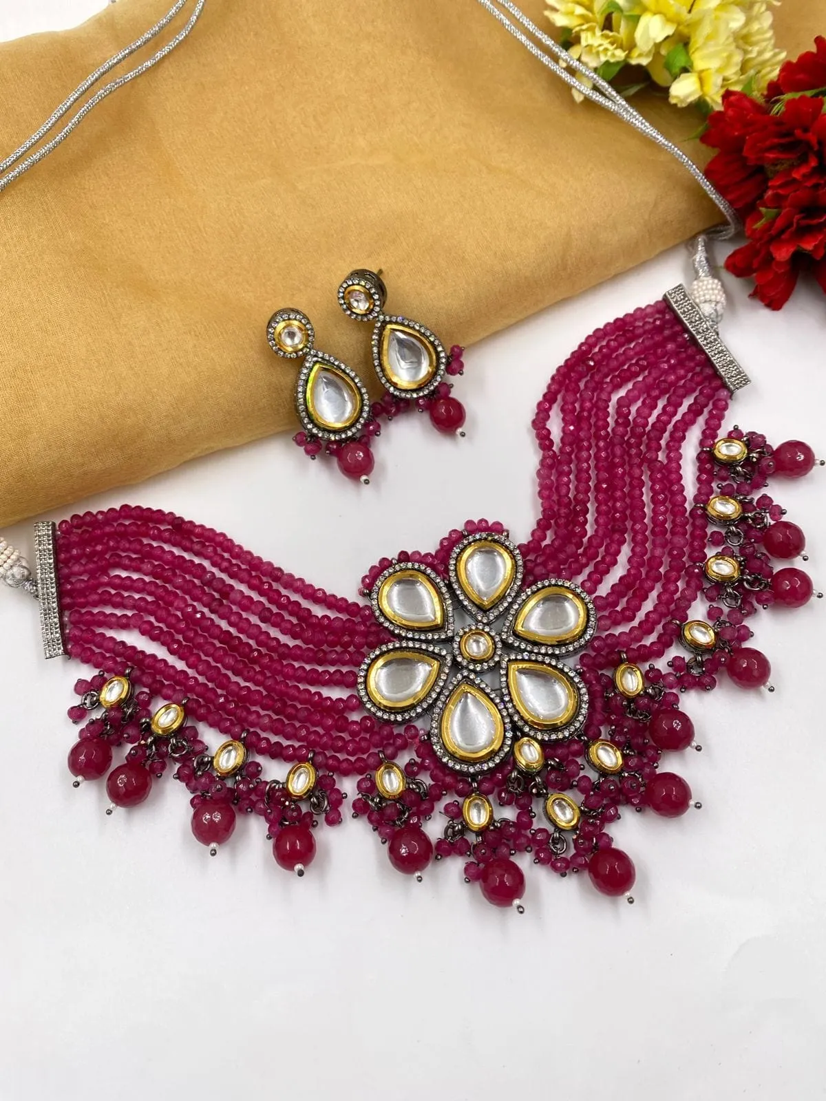 Designer Handcrafted Victorian Kundan Pink Choker Necklace Set By Gehna Shop