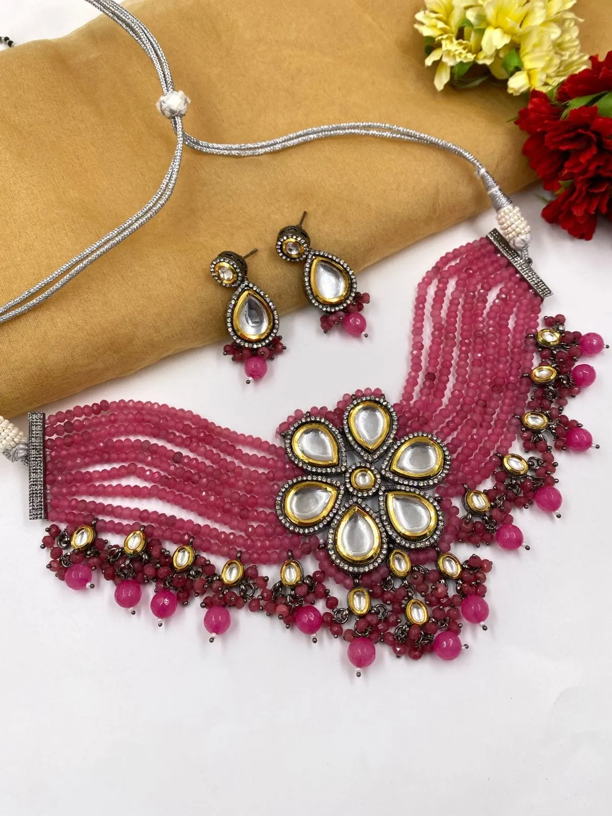 Designer Handcrafted Victorian Kundan Pink Choker Necklace Set By Gehna Shop