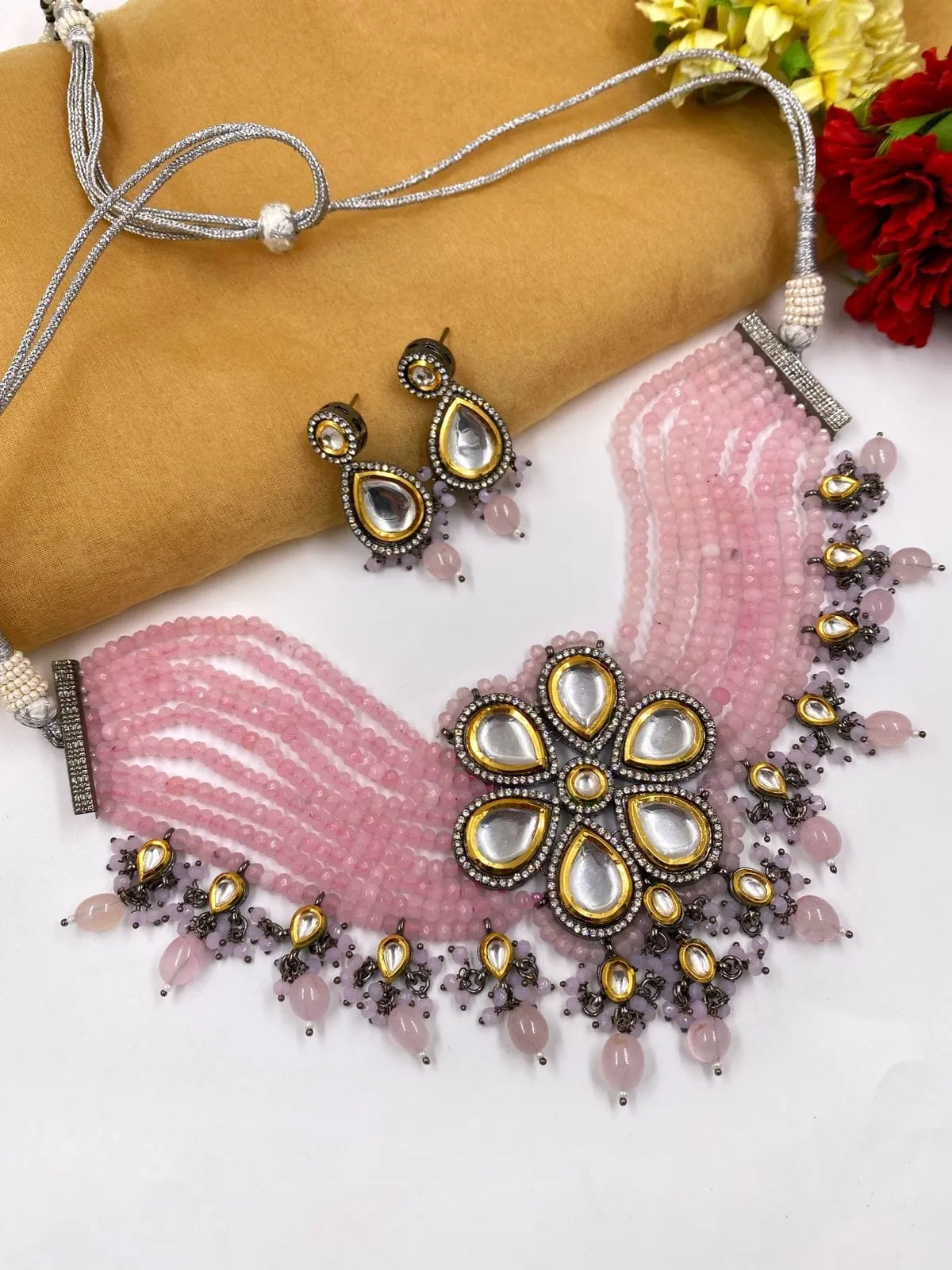 Designer Handcrafted Victorian Kundan Pink Choker Necklace Set By Gehna Shop