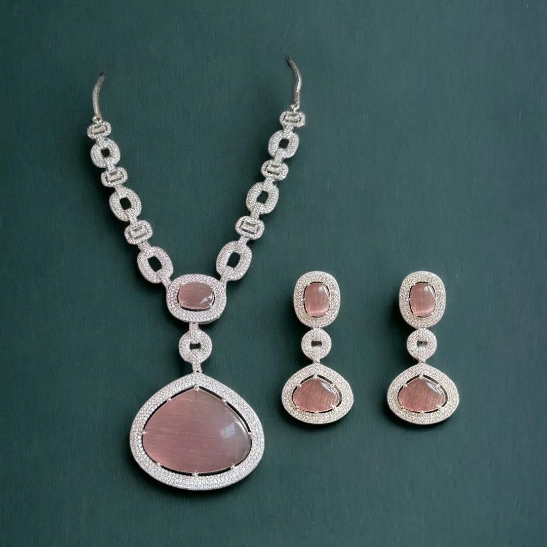 DNS98 CZ necklace set in pink  - silver plated ( READY TO SHIP )