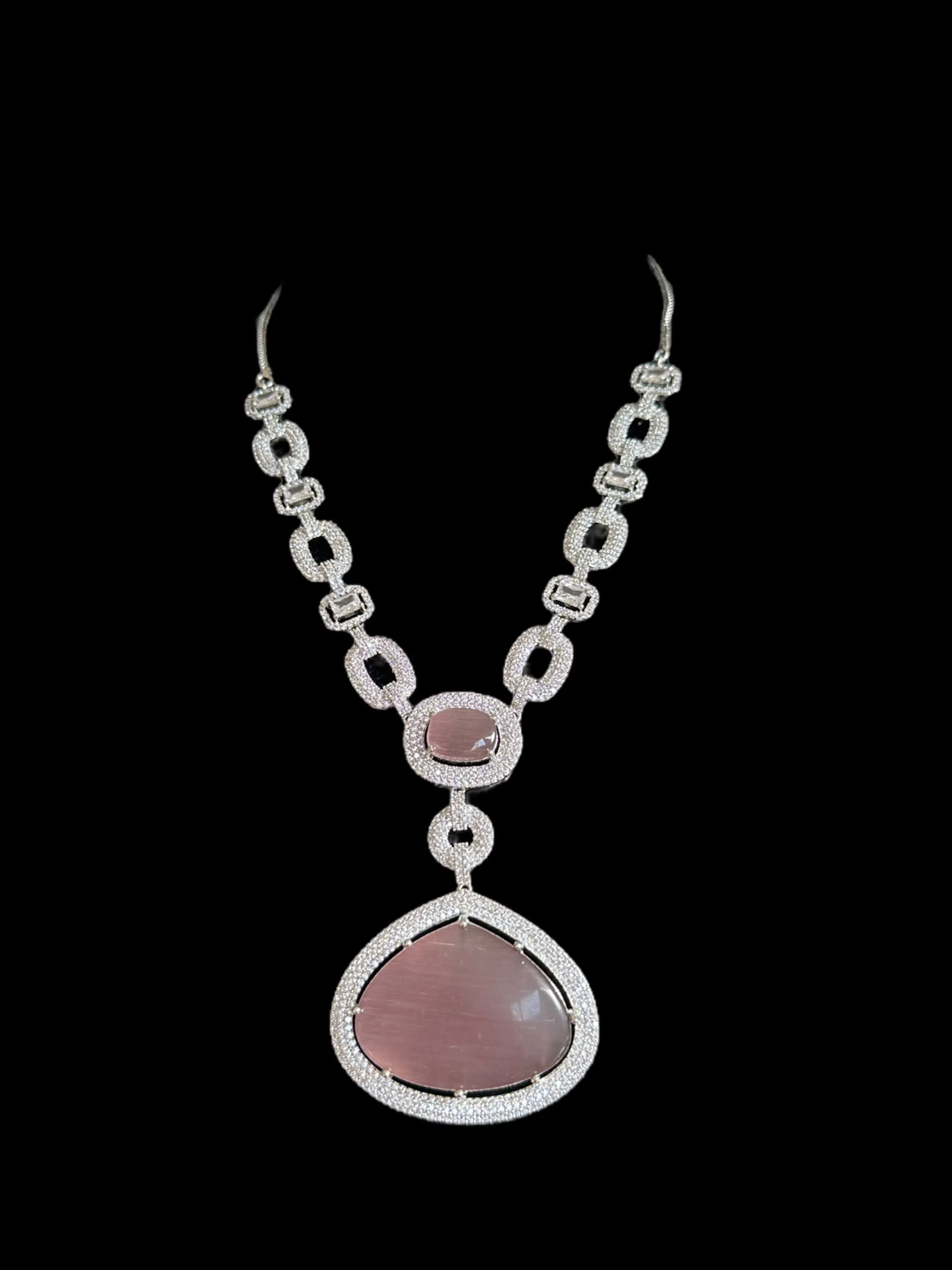 DNS98 CZ necklace set in pink  - silver plated ( READY TO SHIP )