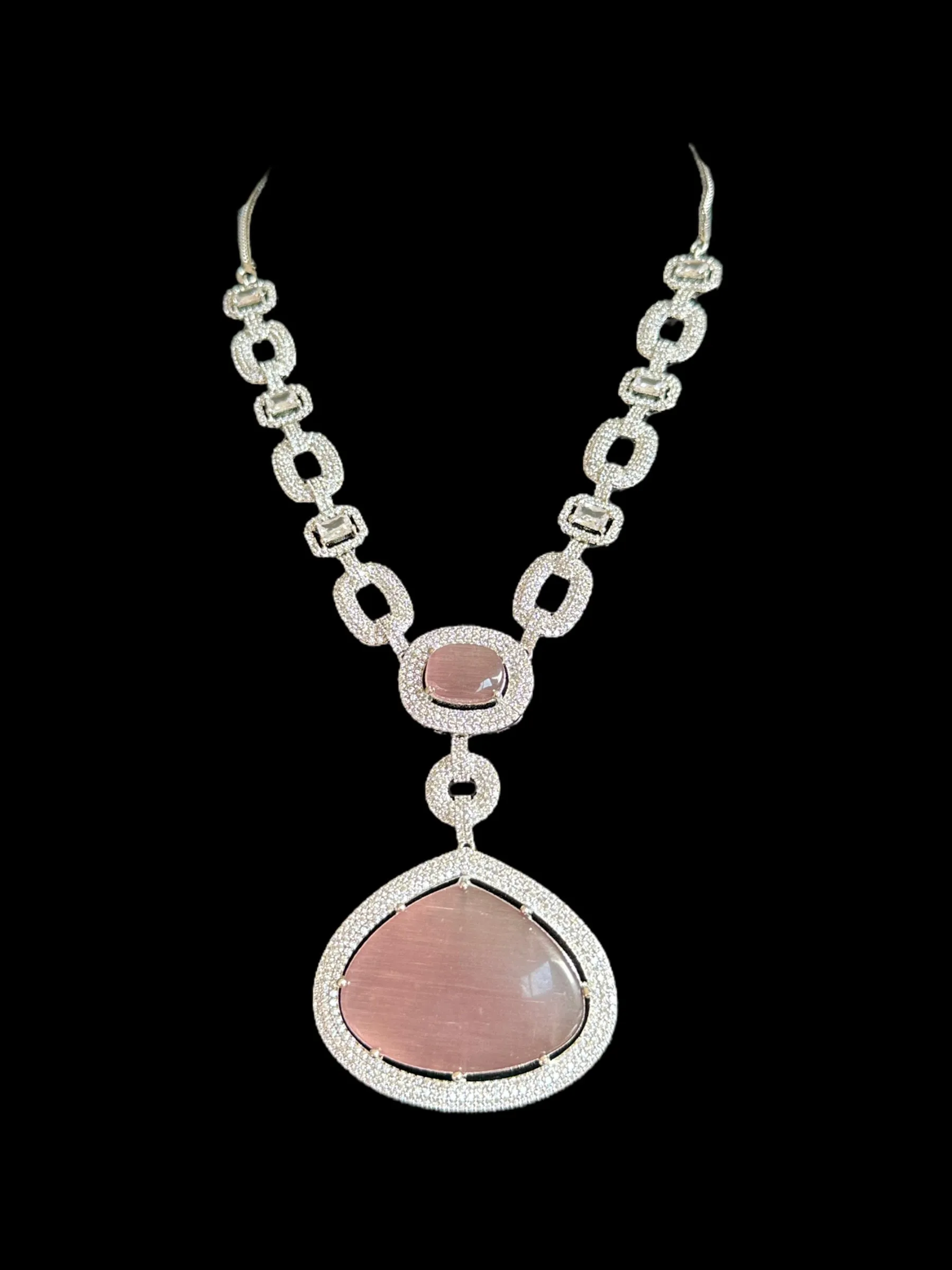 DNS98 CZ necklace set in pink  - silver plated ( READY TO SHIP )