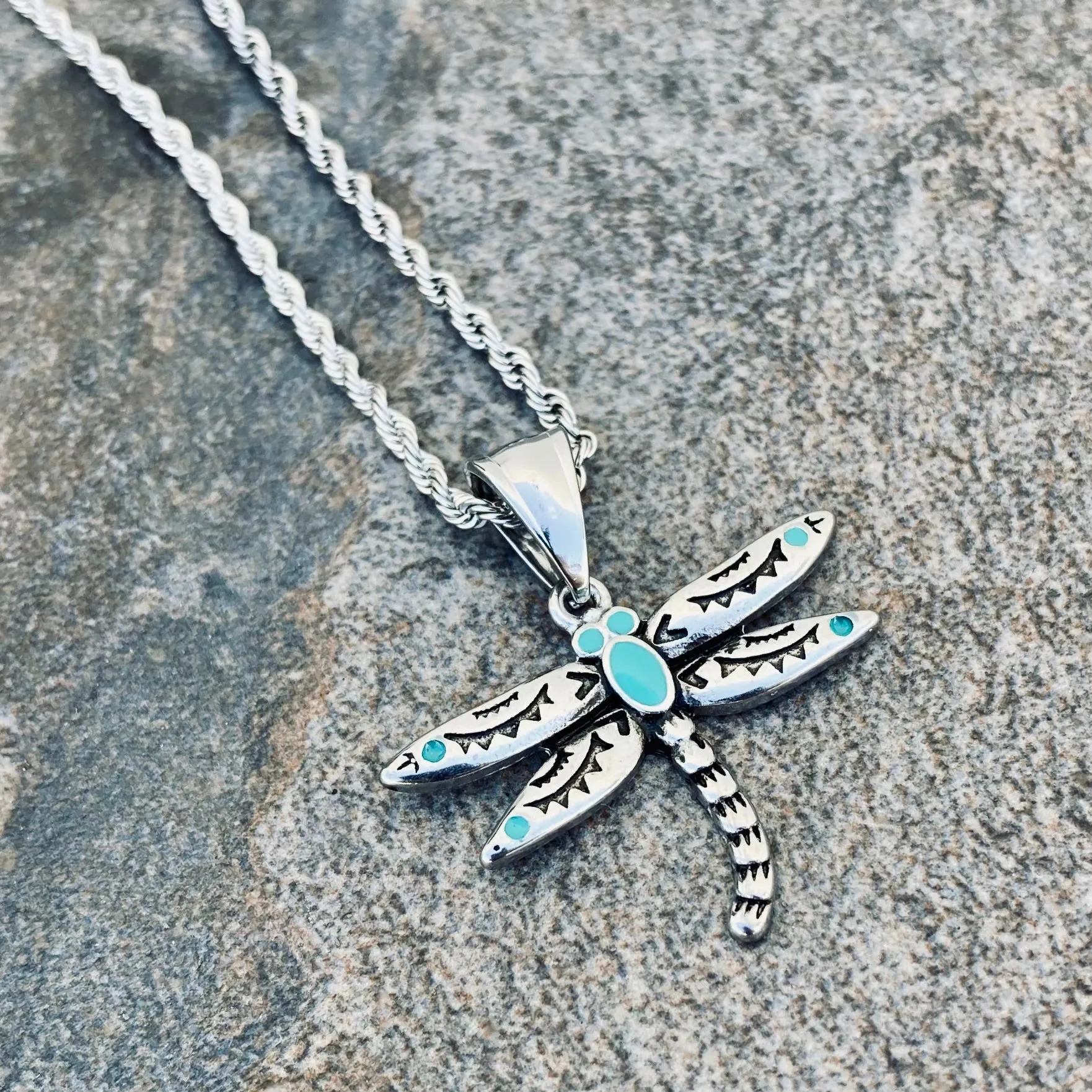 Dragonfly Turquoise Mini - Pendant - Rope Necklace - SK2530M