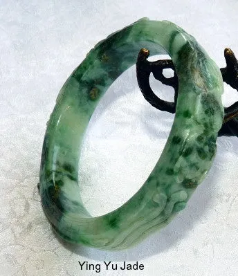 Estate Pre-Owned Qing Dynasty  Carved Dragon Phoenix Jadeite Bangle Bracelet 58mm (TI-1300)